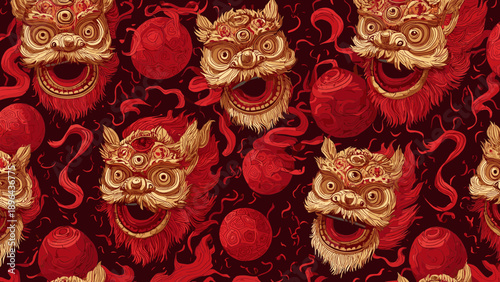 Traditional Chinese Lion Dance Masks and Decorations.