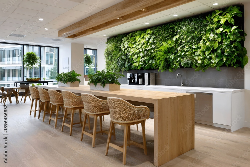 Obraz premium Modern office breakroom featuring a biophilic living wall design
