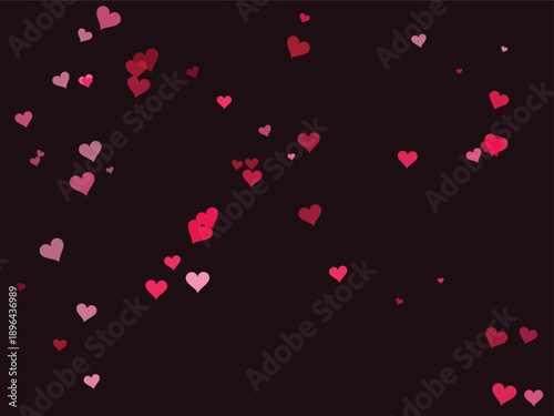 Romantic heart confetti floating on a dark red background, minimalist love-themed design with soft gradients and warm tones