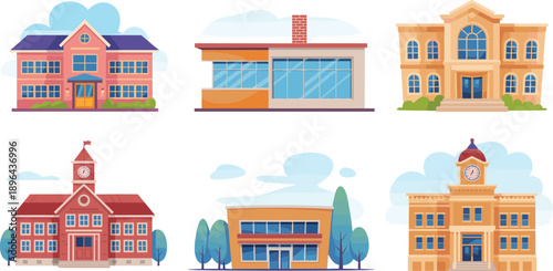 School building illustration, educational architecture set, cartoon campus design, diverse school styles, academic structure graphic, learning environment art, colorful institutions