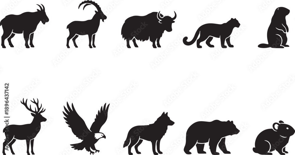 Fototapeta premium Set of 10 wild animals in flat design vector illustration, black silhouettes on white background