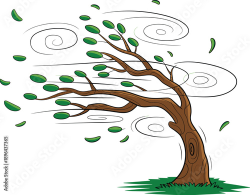 Wind-blown tree illustration, strong gust drawing, nature weather graphic, stormy wind concept, environmental art, green leaves flying, motion lines