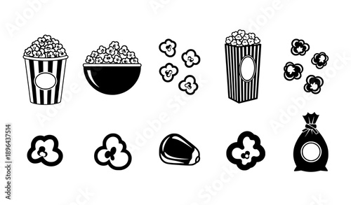 Black and white minimalist popcorn icons vector set for cinema, cooking, and entertainment graphics