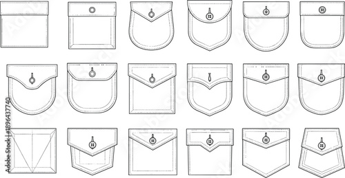 Garment pocket technical illustration set featuring multiple pocket styles and flap closures for apparel design pattern making and clothing construction