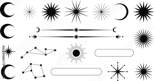 Black and white celestial symbols set with moons stars constellations arrows and dividers, minimalist astrology vector elements isolated