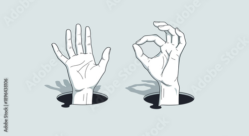 Two hands emerging from holes, one waving and the other forming an okay gesture, surrounded by leaves, an artistic illustration.