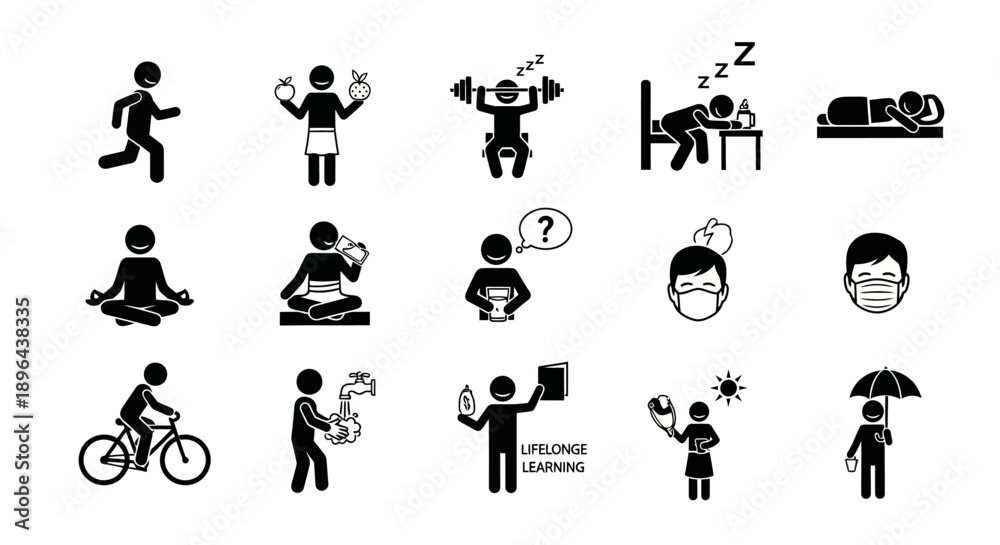 Obraz premium Various human activities and emotions depicted through simple black silhouettes against a plain white background