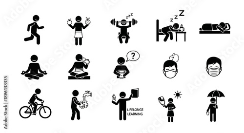 Various human activities and emotions depicted through simple black silhouettes against a plain white background