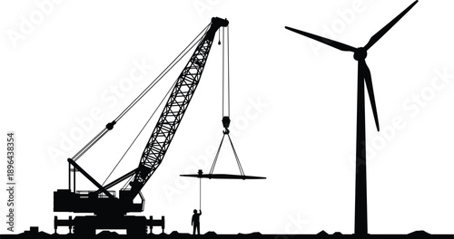 Silhouette crane installing wind turbine blade with worker highlighting renewable energy construction engineering and sustainable power infrastructure development