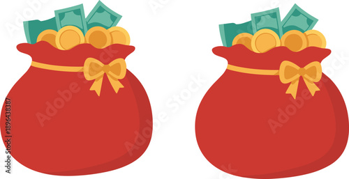 Red money bag illustration with cash and gold coins, wealth prosperity savings concept, finance success icon isolated on white background