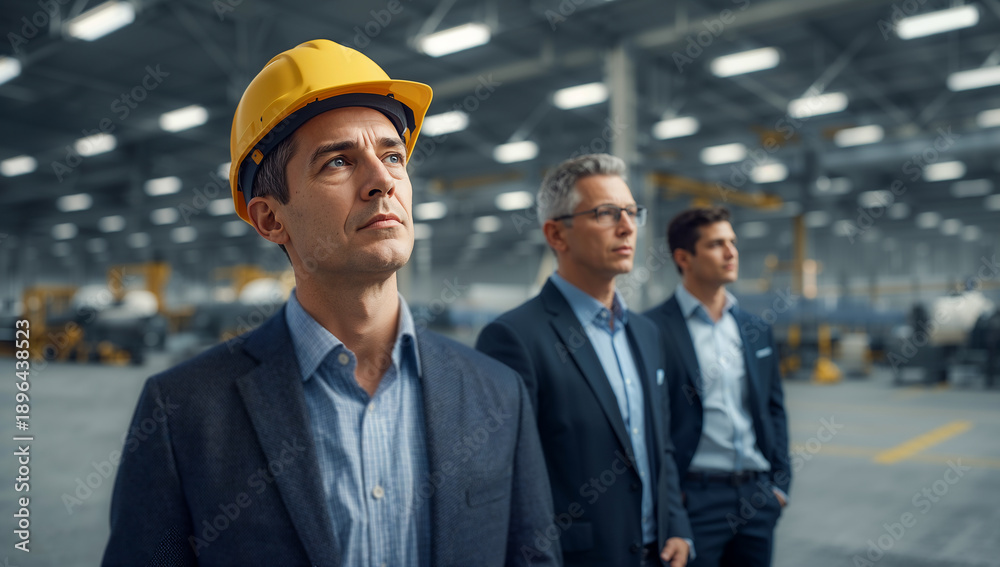 Fototapeta premium serious professional male industrial manager wearing a yellow hard hat and business suit standing confidently in a factory, with two male colleagues in suits behind him inside a large modern manufactu