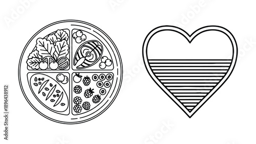 Professional healthy balanced diet plate and heart health progress meter for clinical nutrition counseling and healthcare wellness industry business resources.
