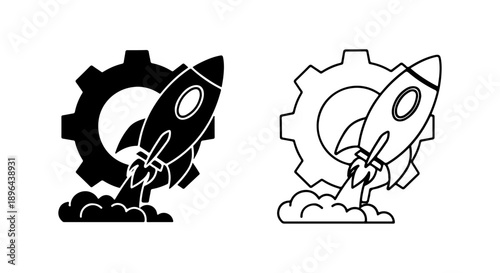 Dynamic Rocket and Gear Icons Symbolizing Rapid Startup Growth, Innovation Process, and Efficient System Development