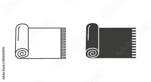 Clean vector icon set of a rolled mat or blanket, presented in two styles a minimalist outline and a solid silhouette. Ideal for modern design projects