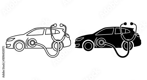 Automotive vehicle health check-up and diagnostic service concept, illustrated by cars with stethoscopes for maintenance and inspection