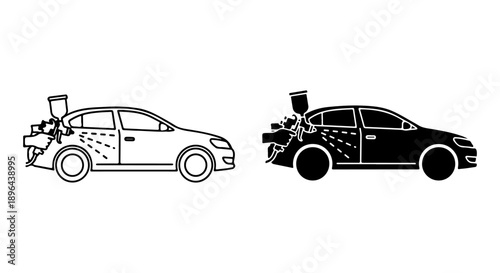 Automotive vehicle spray painting service and car body repair process outline and solid vector icon set for garage and auto maintenance business