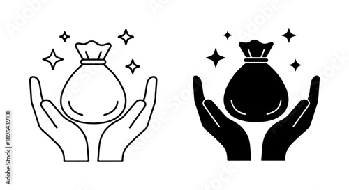 Versatile icon set depicting hands gently cradling a sparkling money bag, symbolizing financial success, wealth, prosperity, secure investments, and charitable giving concepts
