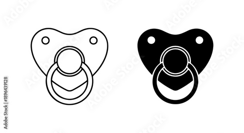 Heart-shaped baby pacifier vector icon, a clean graphic design presented in both outline and solid black styles, perfect for infant care themes