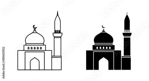 Minimalist mosque outline and solid silhouette vector illustration, depicting Islamic architecture and spiritual heritage in a clean, modern graphic style for diverse design projects