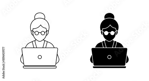 Digital Education and Remote Work Concept Senior Woman Icon with Glasses and Bun Using a Laptop, Perfect for Web, App, and Presentation Designs