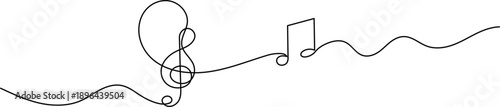 Continuous one line drawing of a treble clef and musical notes on a white background