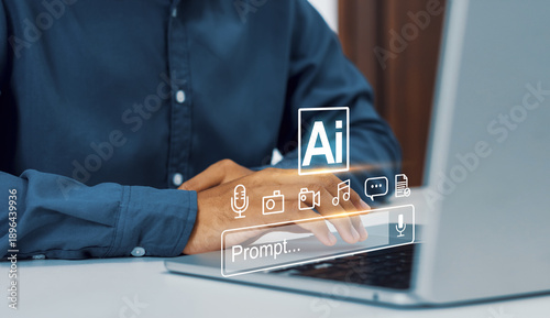 Businessman typing on a laptop keyboard with an artificial intelligence robot icon and prompt search bar. Concept of machine learning, automated assistance, and future tech