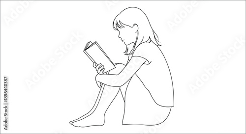 Young girl engrossed in reading a book outlined silhouette