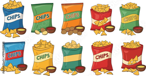 Potato chips snack packaging vector set with colorful bags, crispy tortilla chips and dipping sauce, fast food illustration isolated on white background