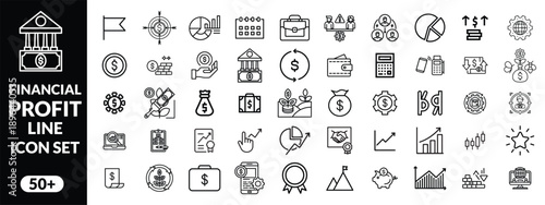 Financial profit line icon set. Containing Money income, money savings, earnings, money, cash, investment, financial growth and more. Editable stroke. Vector illustration