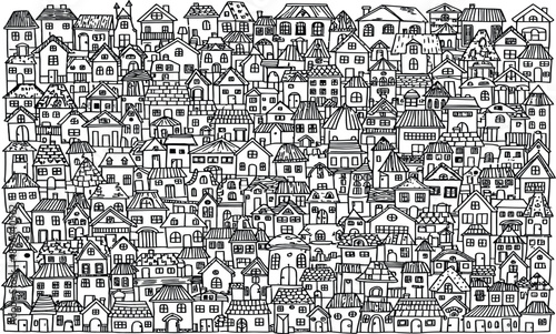 A densely packed illustration of various houses and buildings in a cityscape