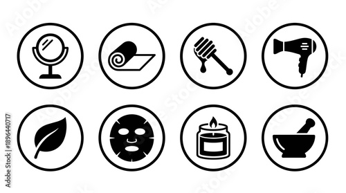 Collection of black and white circular icons representing spa services including yoga mat honey dipper face mask candle and mortar