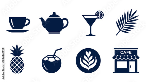 Collection of flat vector icons including a teapot coffee cup tropical fruits cocktail glass and a cafe storefront for menu design