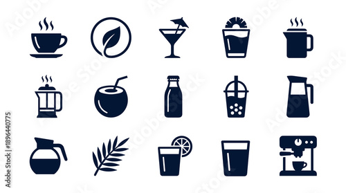 Comprehensive collection of minimalist black beverage icons including espresso machines cocktails fresh juices and hot drinks for restaurant menus and signage
