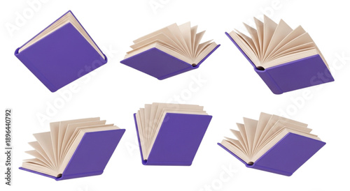 Purple Book 3D Icon Set Open and Flying Hardcover Books Modern Clay Style Matte Finish Education Literature Knowledge isolated on PNG transparent background