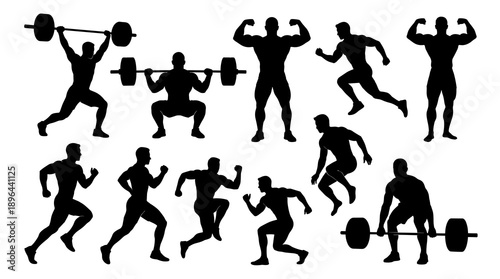 Collection of male athlete silhouettes performing various exercises including squats deadlifts running and bodybuilding poses for sports and health design