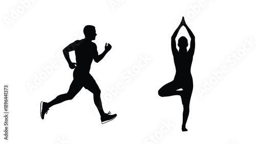 People running and practicing yoga a striking black silhouette