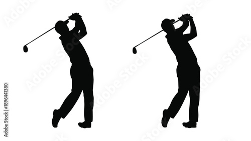 Two golfers in mid swing a striking black form silhouette