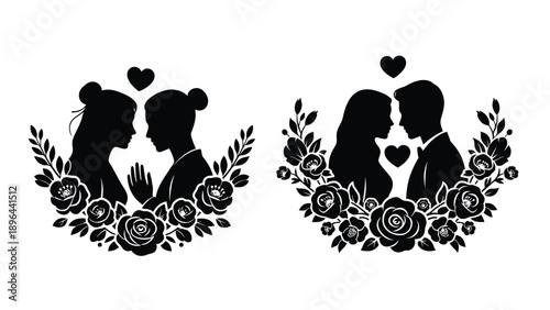 Romantic couple embracing amidst floral decor a striking silhouette