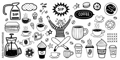 Hand drawn doodle illustrations of coffee food and a joyful person