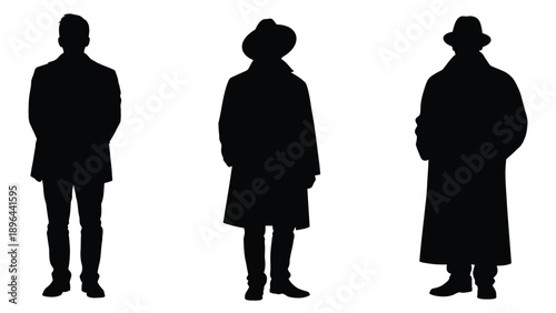 Three figures in vintage attire stand starkly against a white background silhouette