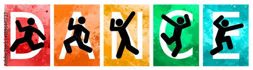 Detailed vector illustration silhouettes of expressive dance colorful group of people dancing. Jazz funk, hip-hop, house dance. Dancer man jumping on white background. Happy celebration. Party.