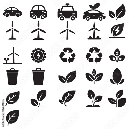 Modern Environmental Conservation Graphics: Renewable Energy Turbines, Nature Leaves, and Eco-Friendly Cars