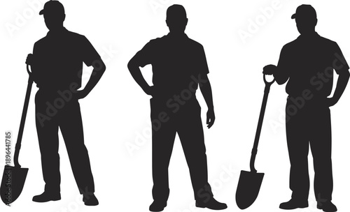 Set of Three Minimalist Black Silhouettes Featuring Male Workers Holding Shovels for Gardening Landscaping Construction and Manual Labor Design Projects,