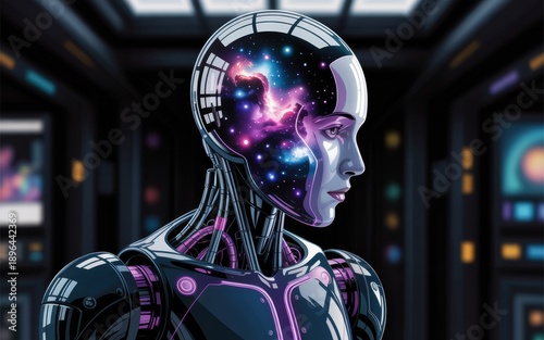 Close-up illustration of a female android's head containing a vibrant nebula, symbolizing the fusion of AI and the wonders of the universe.