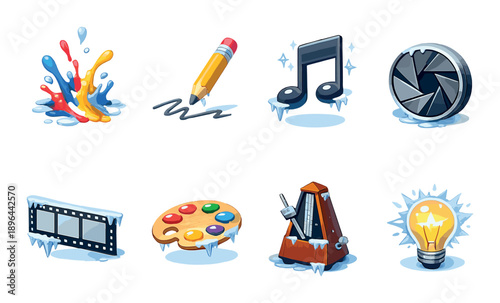 Vibrant frozen icons: music, art, film creativity with icy effects