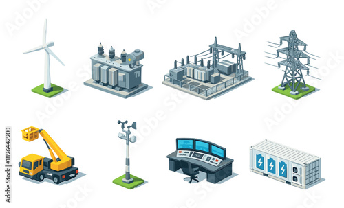 Energy infrastructure icons: wind turbine, power stations, control center, utility truck