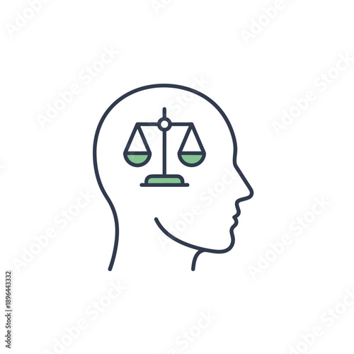 The Scales of Justice: A minimalist illustration features the silhouette of a human head, within which a balanced scale signifies the concepts of law and fairness.