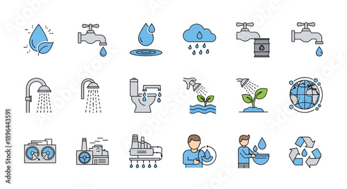 Water conservation and management icons set.