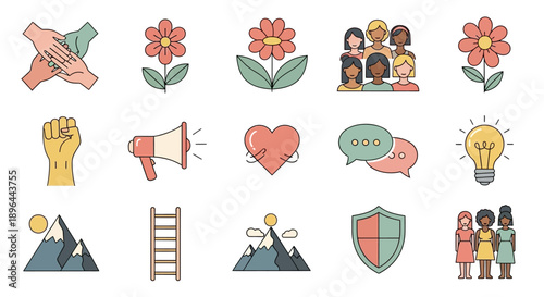Collection of Diverse Icons Representing Social Values and Concepts.