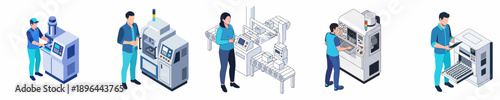 Isometric Precision Manufacturing Operation with Technician Operating Industrial Equipment Illustration